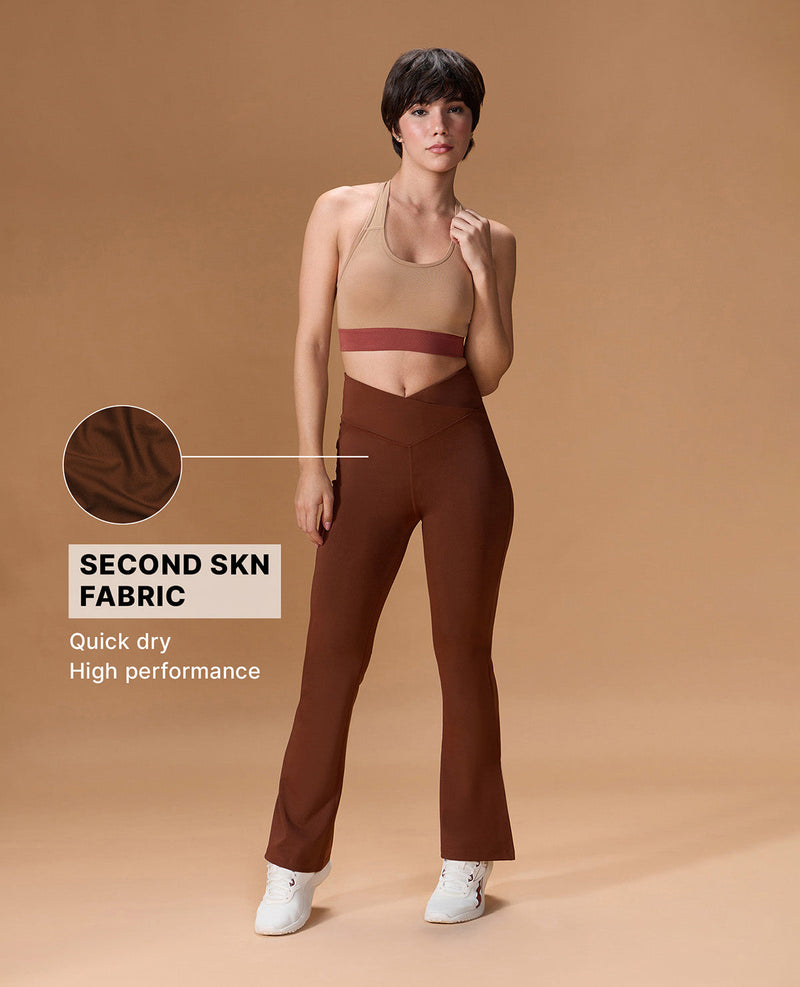 Criss Cross Flare Pants in Sculpting Stretch Kica SKN Fabric Brown