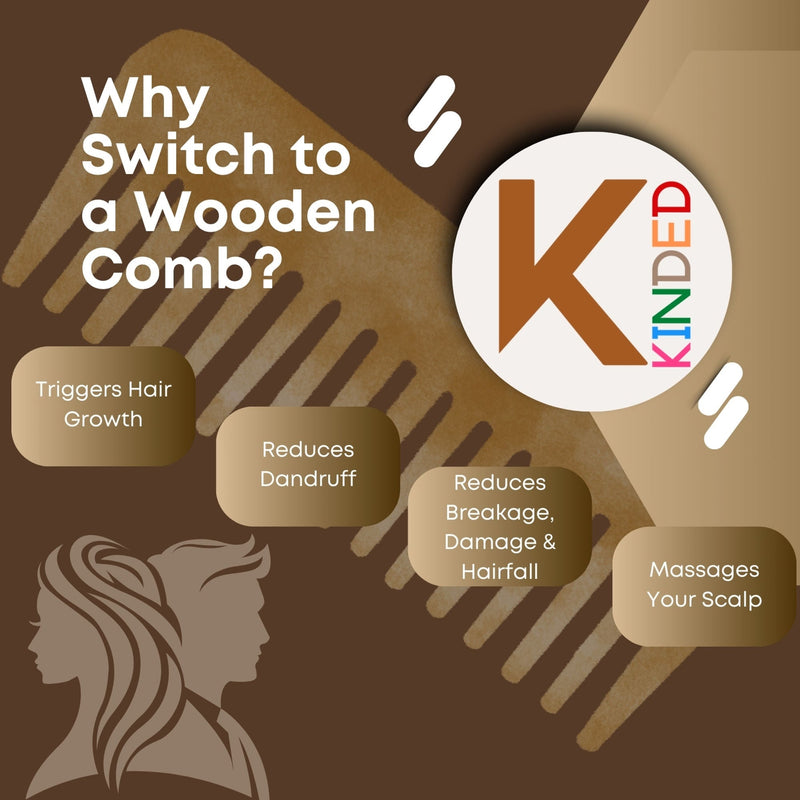 KINDED Handmade Oil Treated Wooden Hair Comb - Neem Wood NW39, Wide Tooth