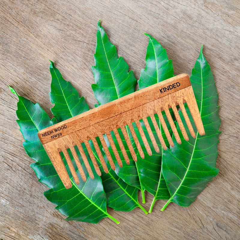 KINDED Handmade Oil Treated Wooden Hair Comb - Neem Wood NW39, Wide Tooth