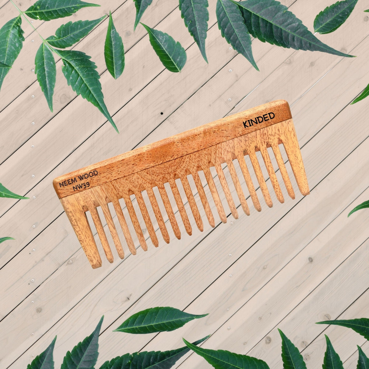 KINDED Handmade Oil Treated Wooden Hair Comb - Neem Wood NW39, Wide Tooth