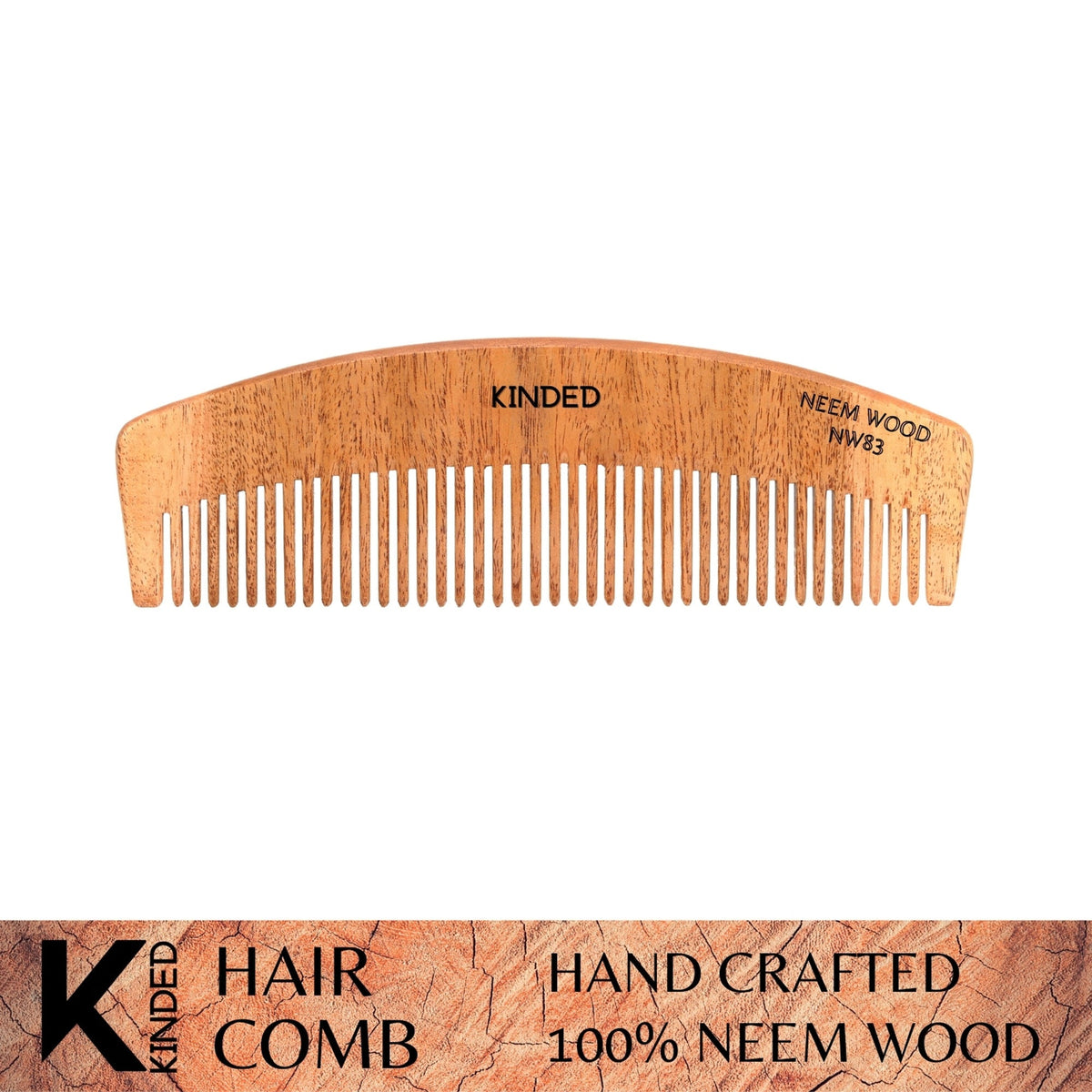 KINDED Handmade Oil Treated Wooden Hair Comb - Neem Wood NW83, Regular Tooth