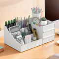 White Desk Organizer with 8 Compartments & Drawers for Students