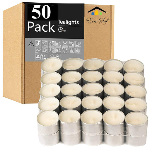 Ein Sof 50 Pure Wax Tealight Candles, 9-Hour Burn, Unscented