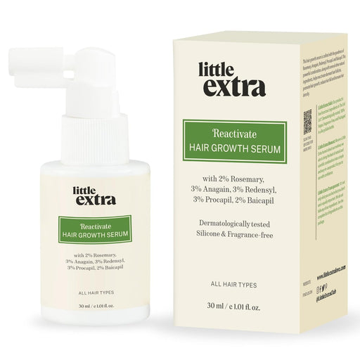 Little Extra Reactivate Hair Growth Serum bottle and packaging on a white background