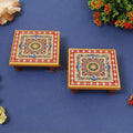 Floral Painted Marble Chowki Set of 2 Multicolor 10.2cm