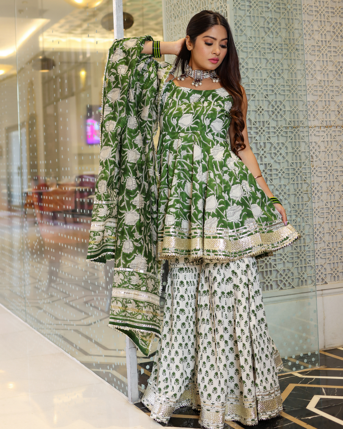 Green Butterfly Handblock Sharara Set