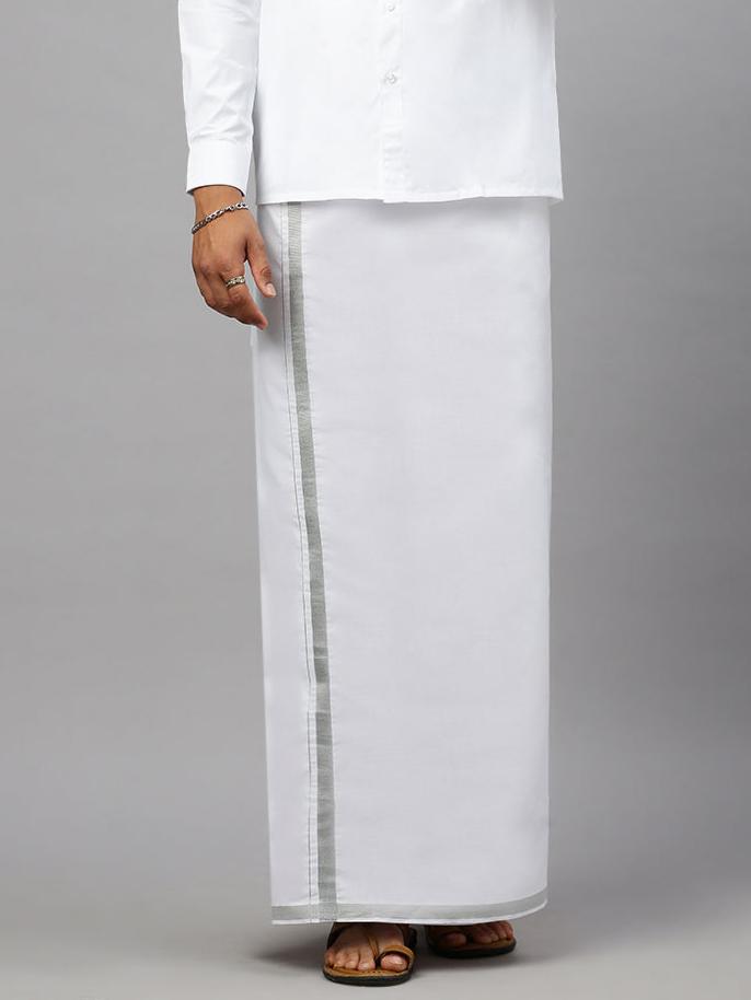 Men 100% Cotton Single Layer White Dhoti with 1/2" Jari Border Silver Storm