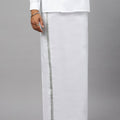 Men 100% Cotton Single Layer White Dhoti with 1/2" Jari Border Silver Storm