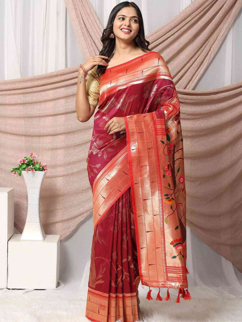 Maroon Paithani Silk Blend Saree