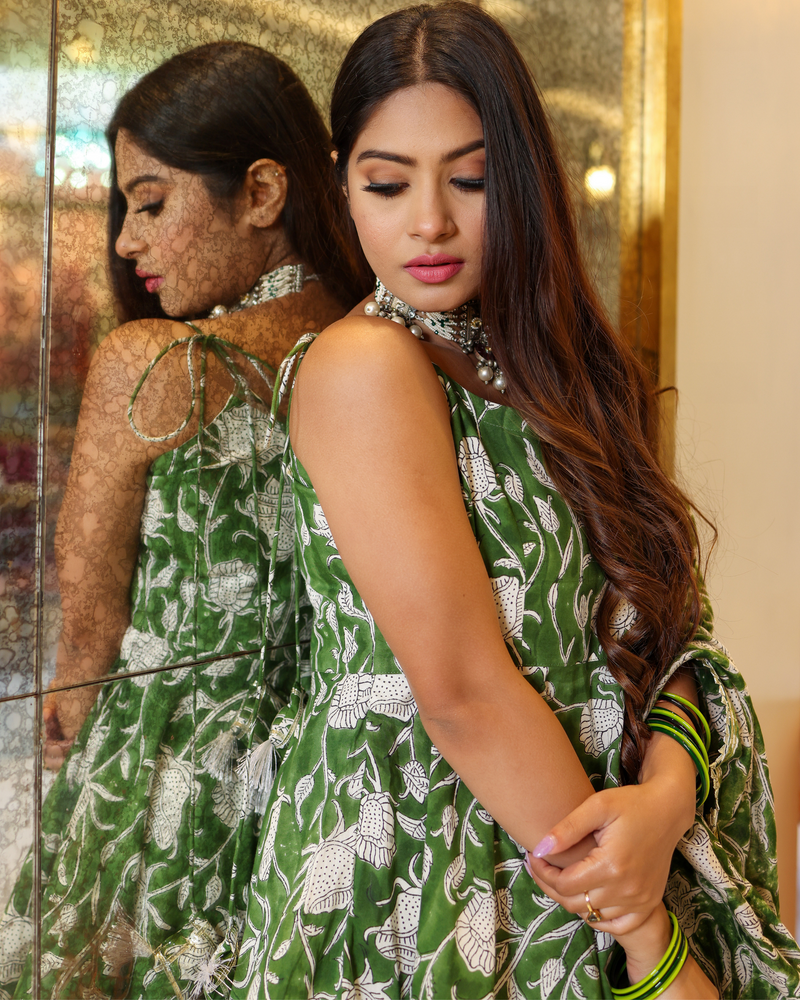 Green Butterfly Handblock Sharara Set