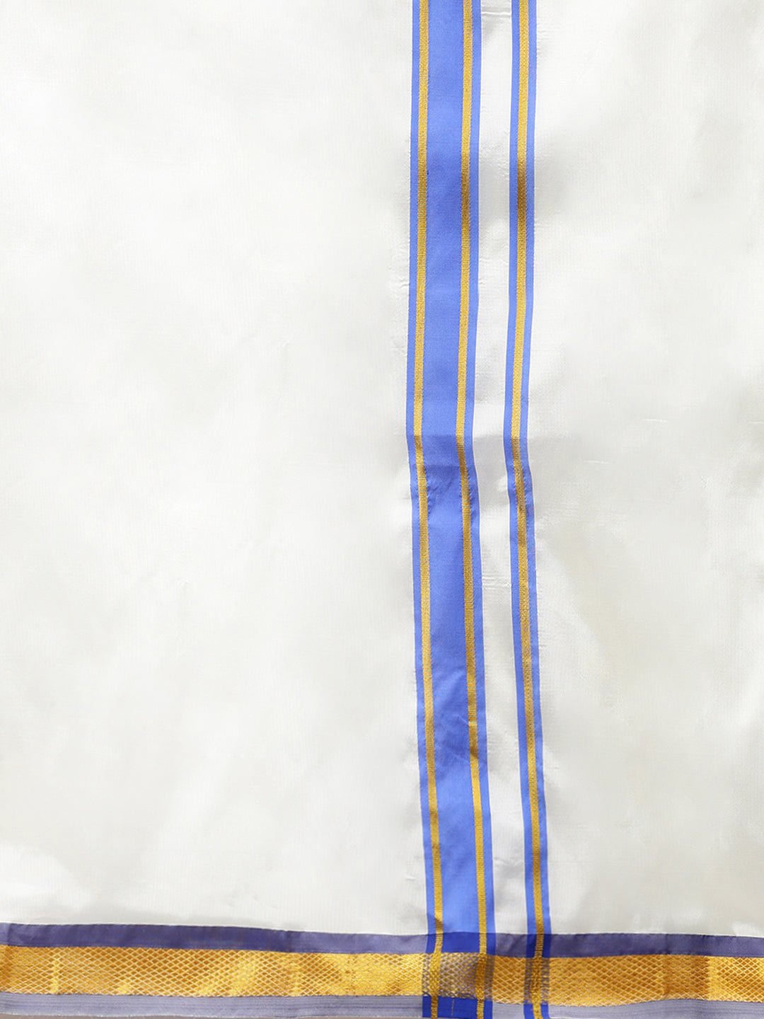 Men Full Sleeves Poster Blue Shirt with Matching Border Cream Dhoti & Towel Set K5