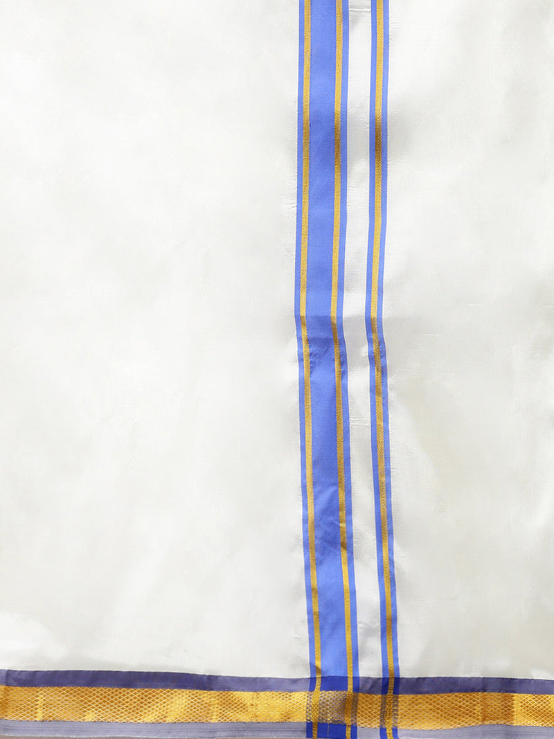 Men Full Sleeves Poster Blue Shirt with Matching Border Cream Dhoti & Towel Set K5