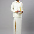 Men Cream Double Layer Dhoti and Towel Set with 1/2" Jari Border Nithyanjali