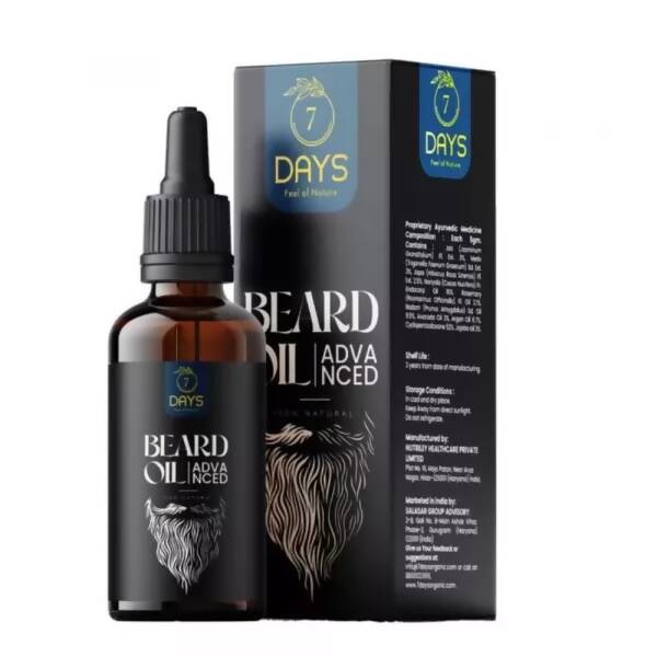 Beard oil bottle and packaging with '7 Days' branding on a white background
