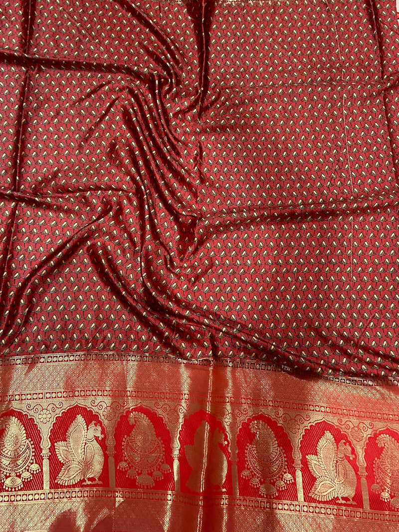 Elegant Soft Cherry Satin Kalamkari Print Saree