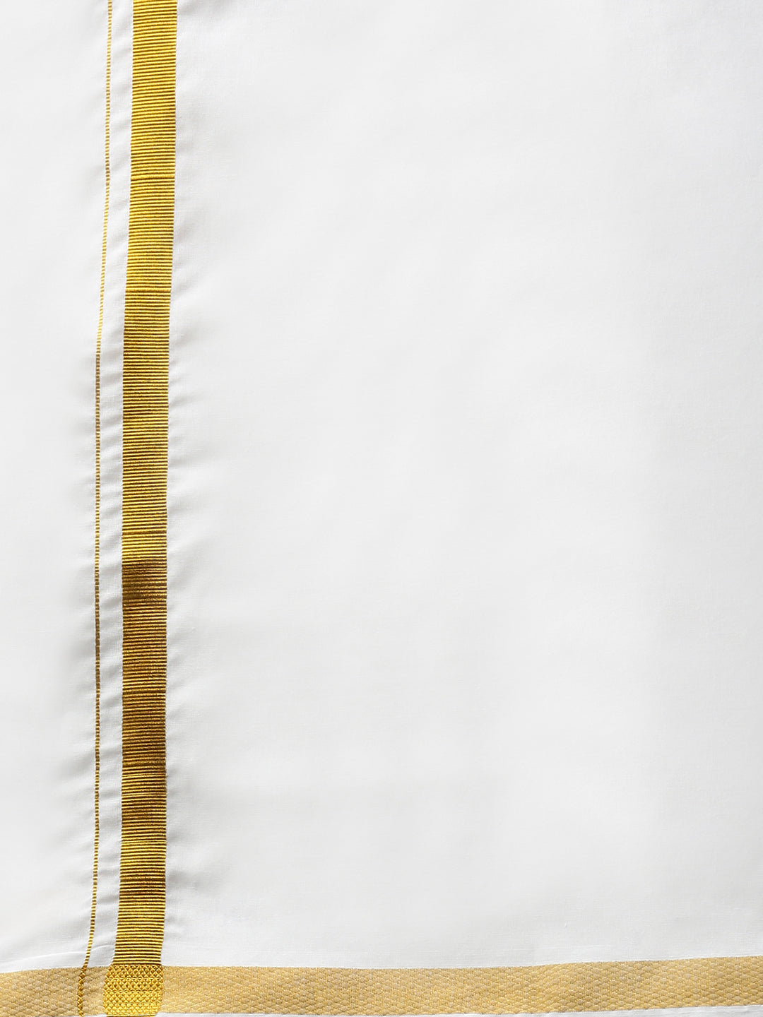 Men Cotton Blend Single Layer White Dhoti with 3/4" Gold jari Border Silver Sun