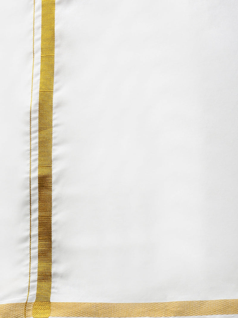 Men Cotton Blend Single Layer White Dhoti with 3/4" Gold jari Border Silver Sun