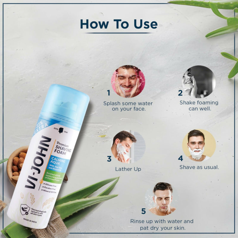 VI-JOHN Dermatologically Tested Premium Claming Aqua Shaving Foam Enriched with Aloevera & Almond Oil Free From Silicone, Paraben & Mineral Oil