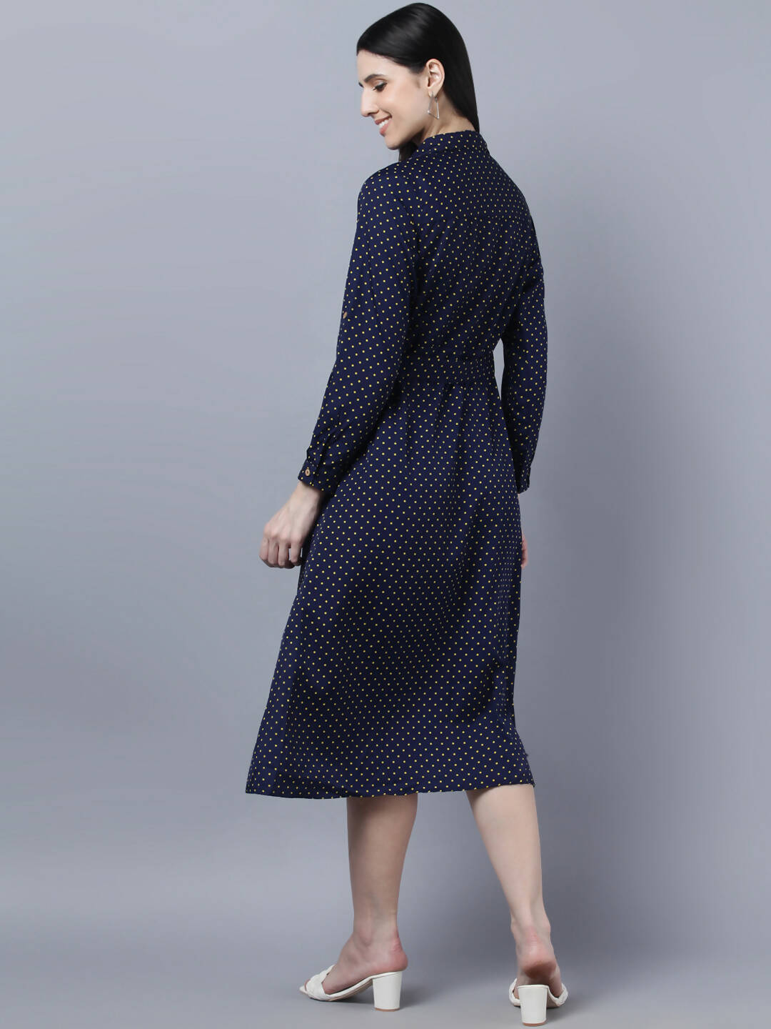 Myshka Women Navy Blue Yellow Printed Shirt Dress