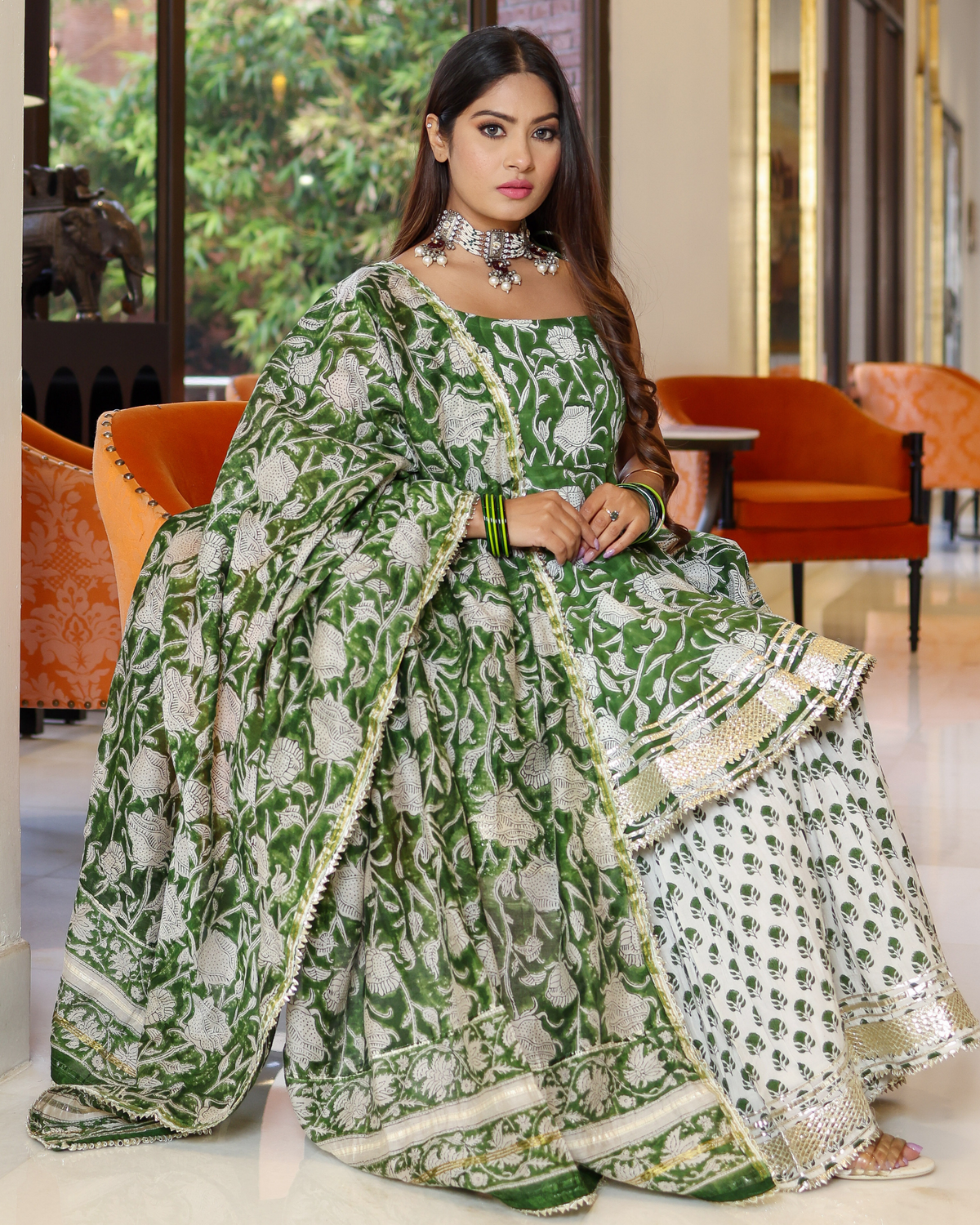 Green Butterfly Handblock Sharara Set
