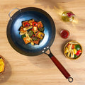 Heavy Duty Iron Pan With Wood Handle, Chinese Wok With Handle 10Cm X 30Cm, Non-Coated & Non-Stick, Gas Stove Compatible, Black