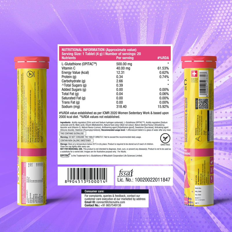 Chicnutrix Glow 500mg Effervescent Tablets - Strawberry & Lemon Flavor, For Glow & Radiance Skin