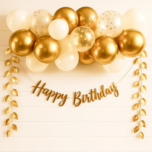 The FOMO Factory Golden Birthday Decoration Kit | Golden Balloons for Decoration, Banner, Aritficial Leaves, Confetti – Easy Unique Husband Wife Birthday Decoration Ideas – Surprise Party (GVine)