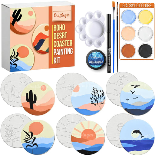 Craftinger Coaster Painting Kit for Kids | DIY Art & Craft Set with 6 Pre-Marked Coasters, Acrylic Colors, Brushes, Palette Tray & Gloss Varnish | Creative Painting Gift Box for Boys & Girls, Home, Office, Activity, Coloring Tea Cup Table Birthday Kitchen