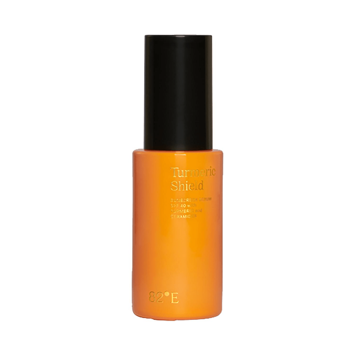 Orange bottle with black cap on a white background
