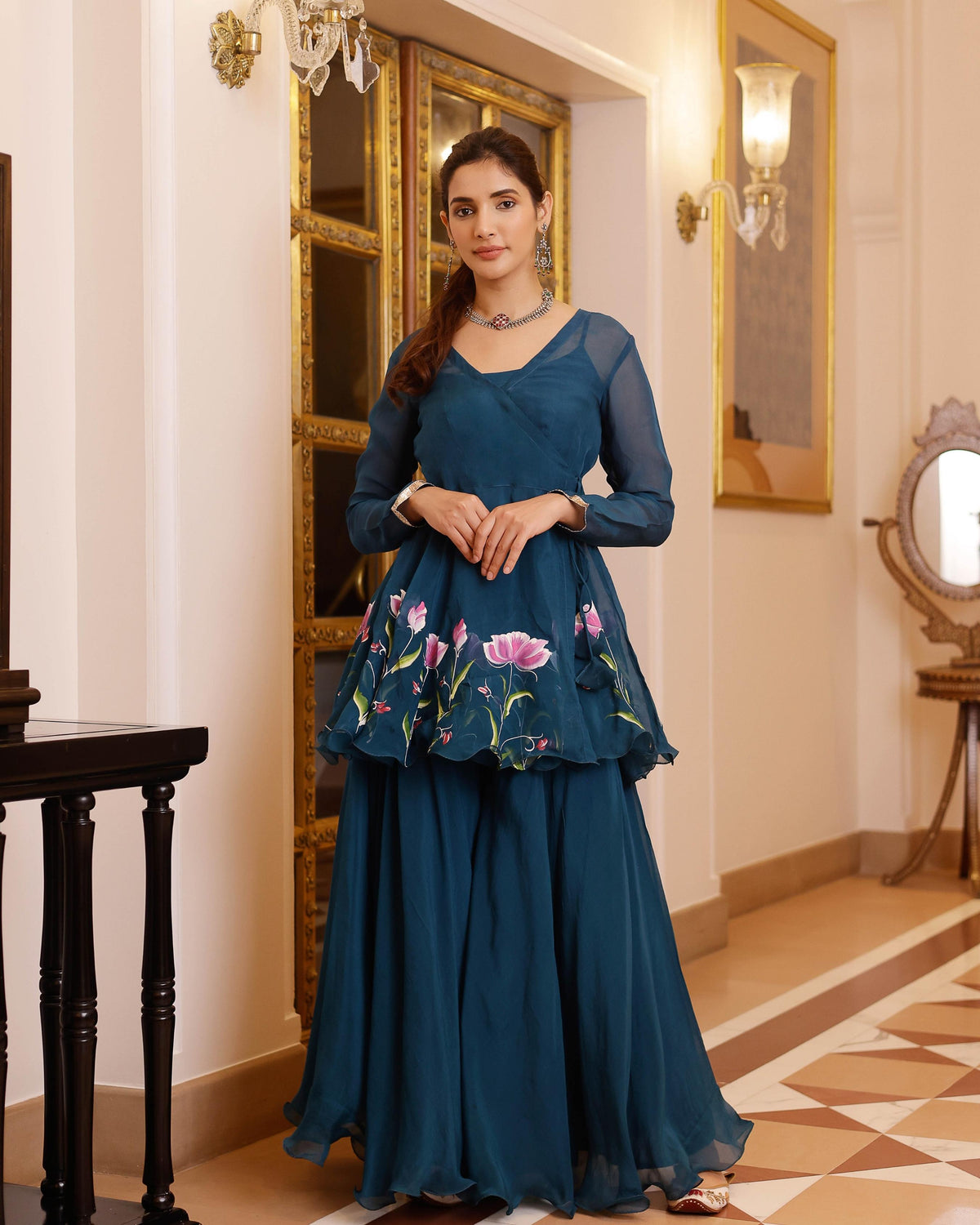 Kaasni Handpainted Organza Sharara Set