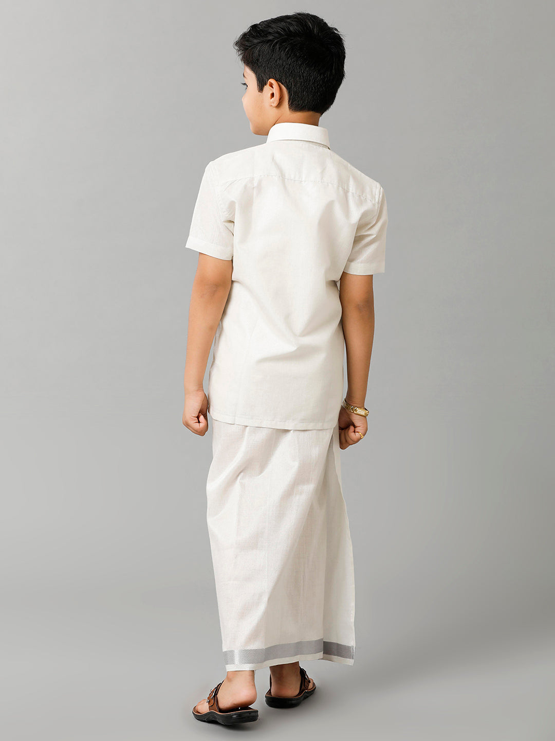 Like Father Like Son Half Sleeves Tissue Jari Shirt Dhoti Combo Sankalpam Silver