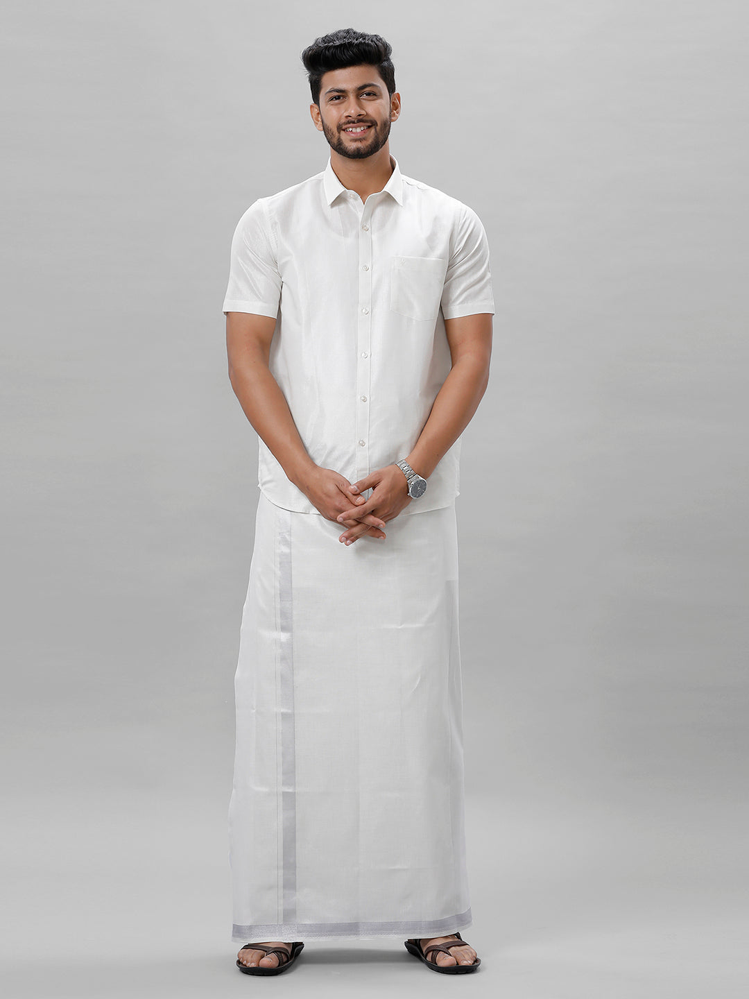 Like Father Like Son Half Sleeves Tissue Jari Shirt Dhoti Combo Sankalpam Silver