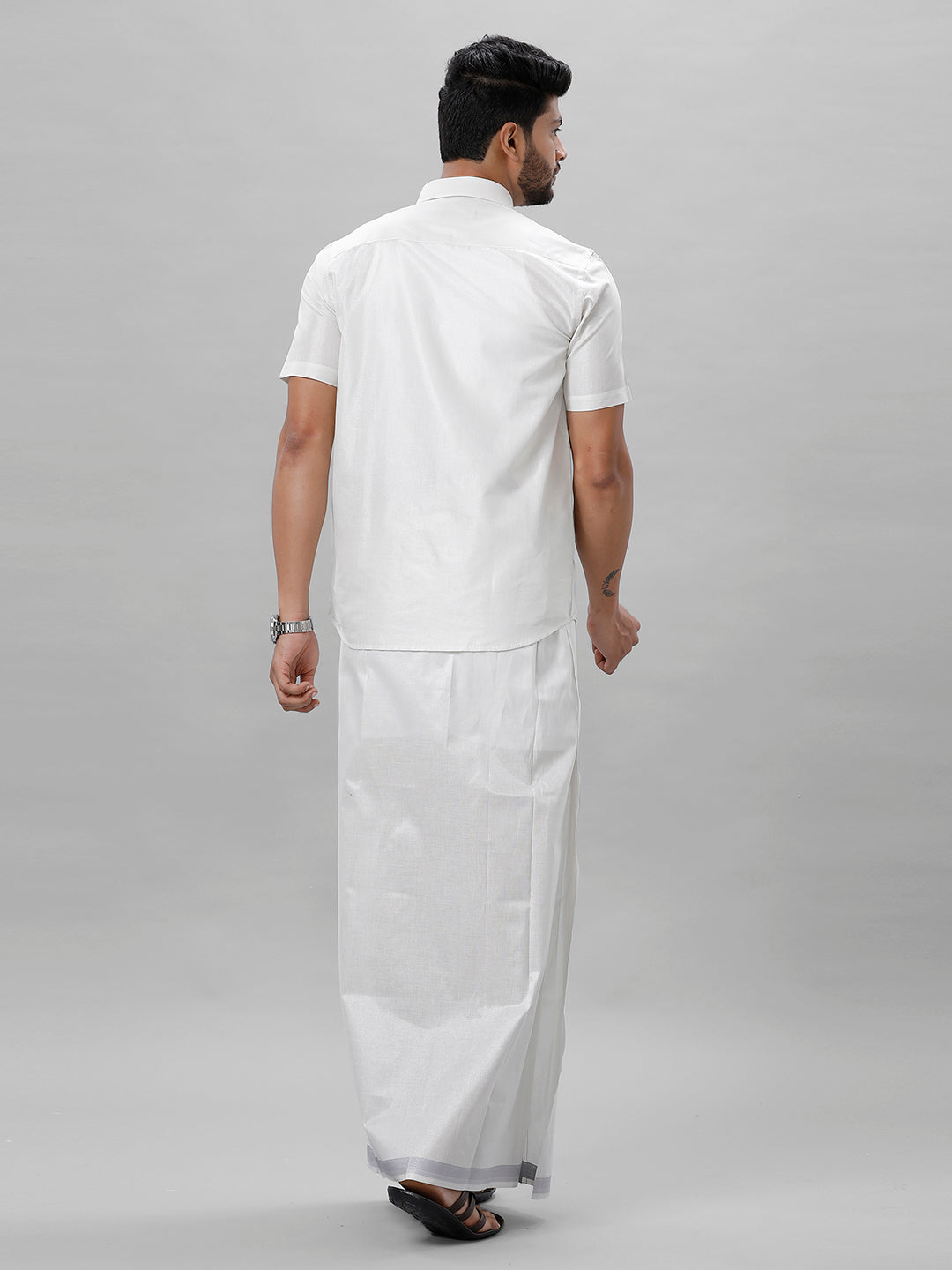 Like Father Like Son Half Sleeves Tissue Jari Shirt Dhoti Combo Sankalpam Silver