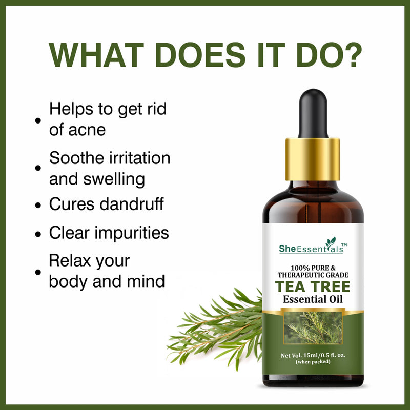 She Essentials Tea Tree Essential Oil For Active Acne & Pimples, Blemishes & Flakes, Organic & Pure