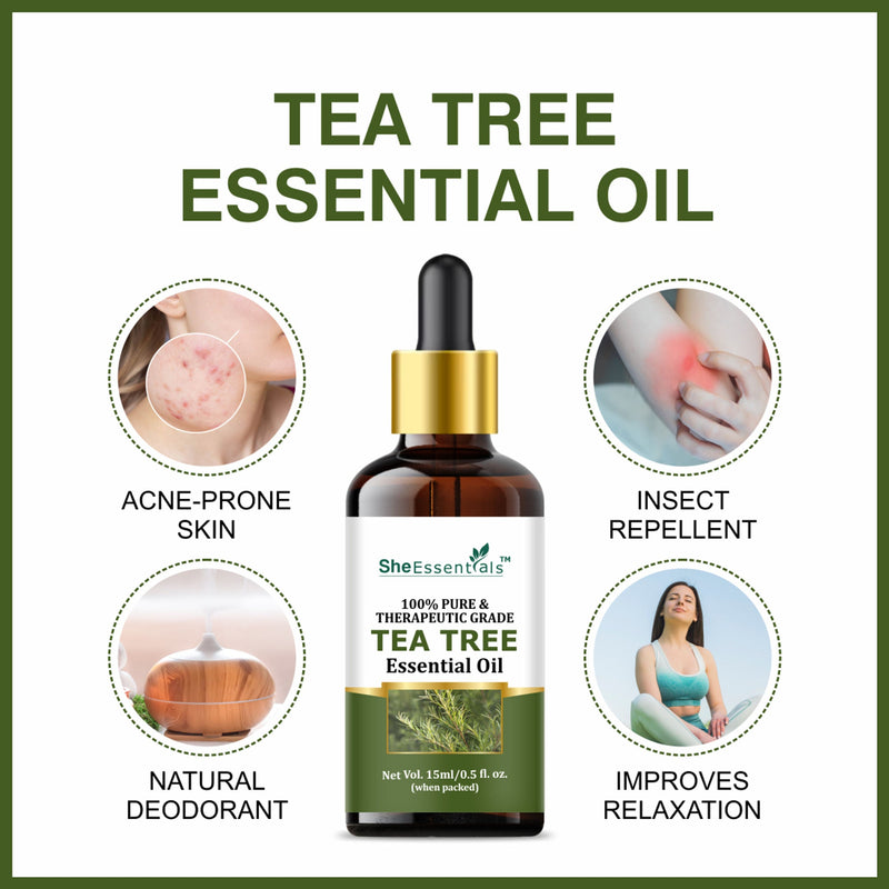 She Essentials Tea Tree Essential Oil For Active Acne & Pimples, Blemishes & Flakes, Organic & Pure