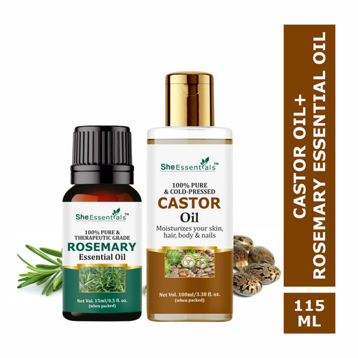 She Essentials Rosemary Essential Oil & Castor Oil Combo For Haircare & Skincare
