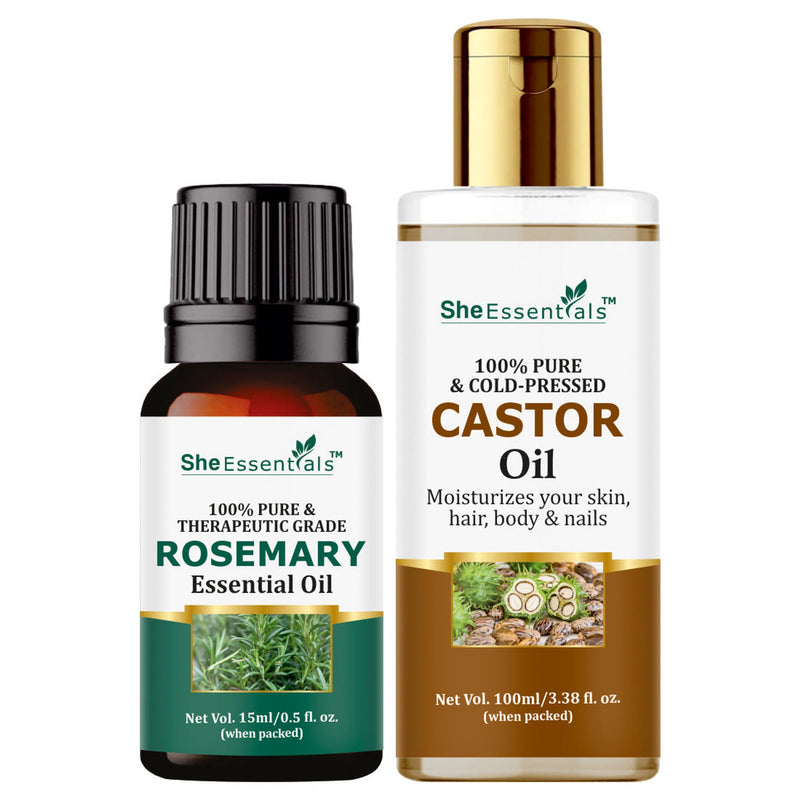 She Essentials Rosemary Essential Oil & Castor Oil Combo For Haircare & Skincare
