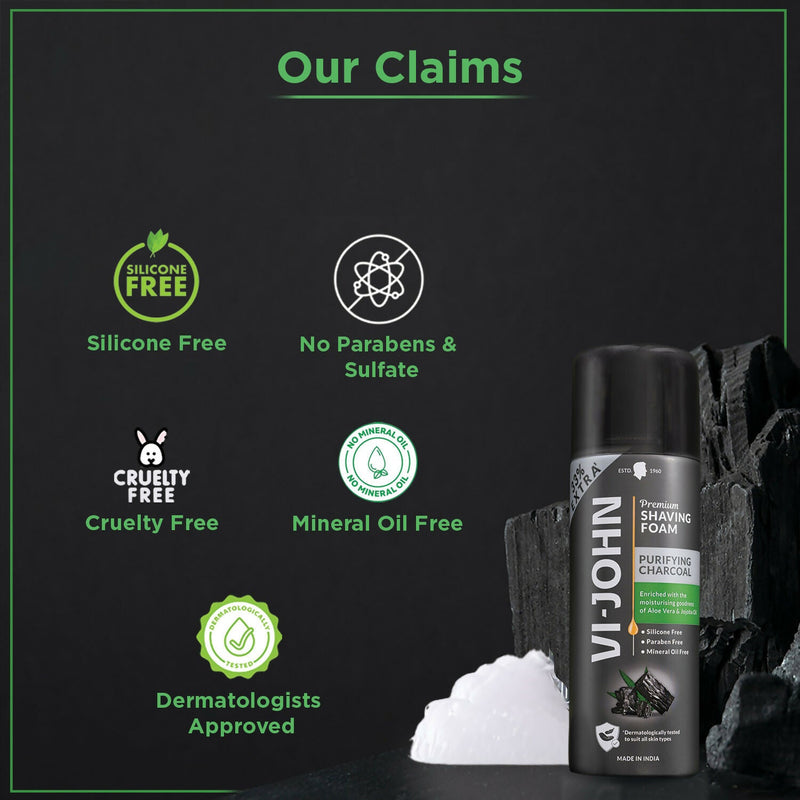 VI-JOHN Dermatologically Tested Premium Purifying Charcoal Shaving Foam Enriched with Aloevera & Jojoba Oil Free From Silicone, Paraben & Mineral Oil