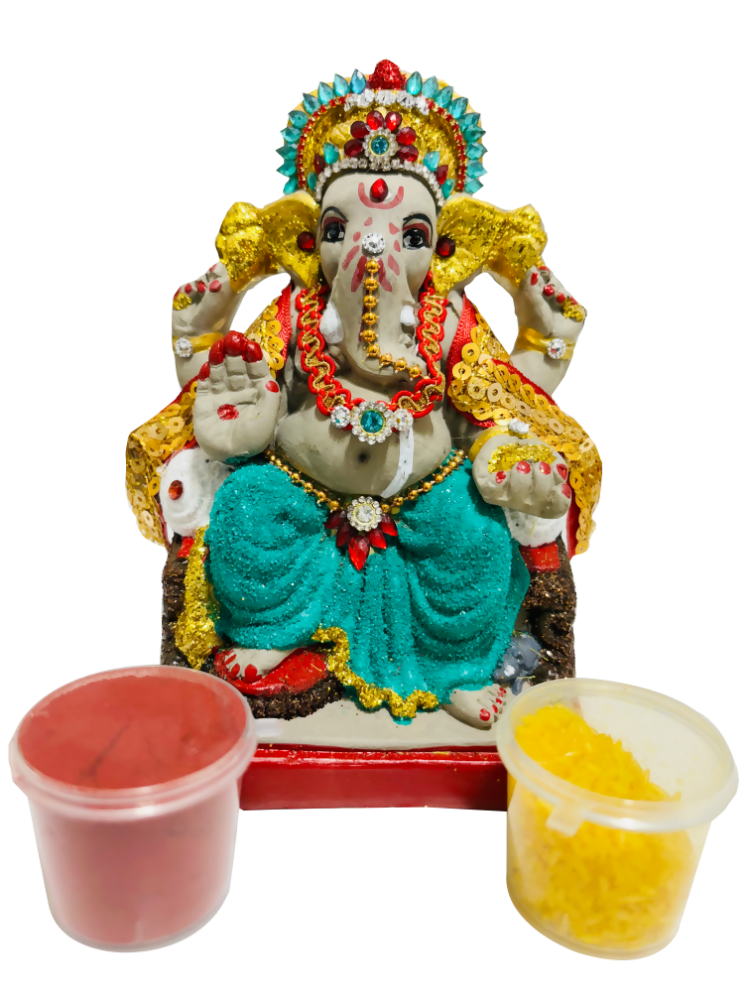 Eco-Friendly Ganesh Idol Small (Non-Toxic Colors) With Kumkum & Akshat - Limited Time Offer