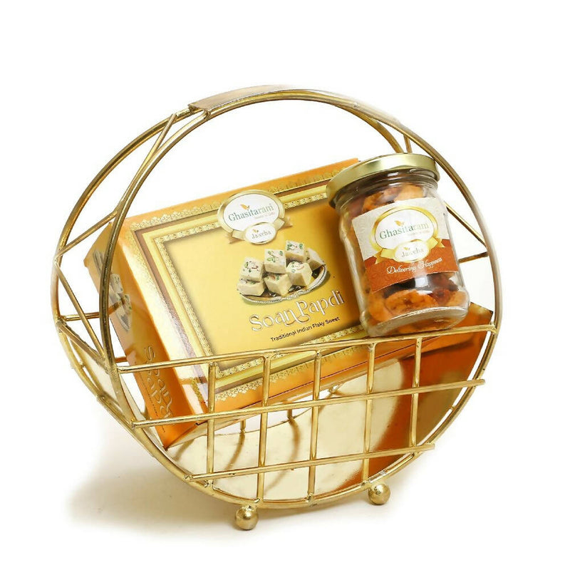 Ghasitaram Half Moon Metal Basket of Mix Dryfruits, Soan Papdi