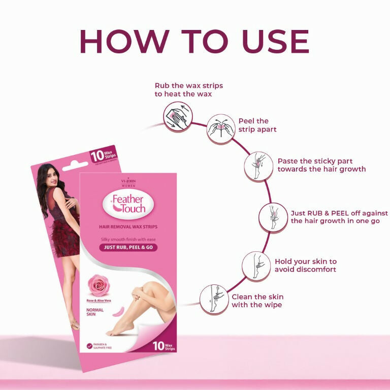 VI-JOHN Feather Touch Rose & Alevera Hair Removal Wax Strips for Normal Skin Praraben & Sulphate Free