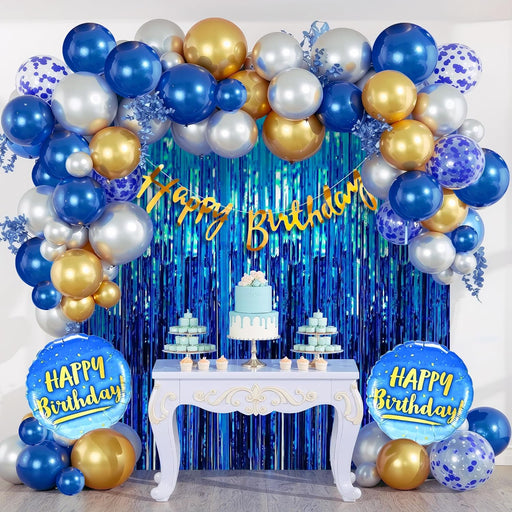 Party Propz Happy Birthday Decoration Kit For Boys- 44 Pcs,Happy Birthday Banner, Fringe Curtains, Balloons for Birthday, Foil Balloons, Baby Birthday Decoration Items Blue Birthday Combo