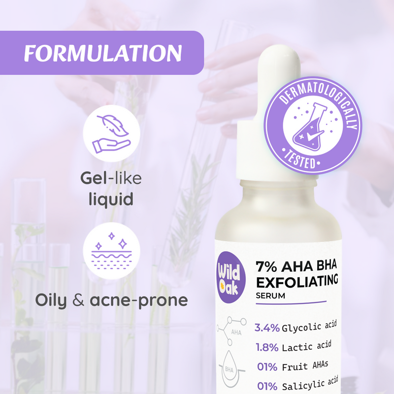 Wild Oak 7% AHA BHA Exfoliating Face Serum Pore Cleansing & Anti-Aging, Anti Acne Serum