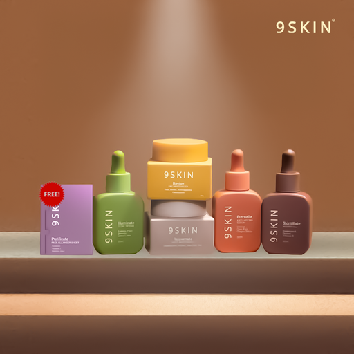 9SKIN skincare products on a wooden surface with a warm brown background