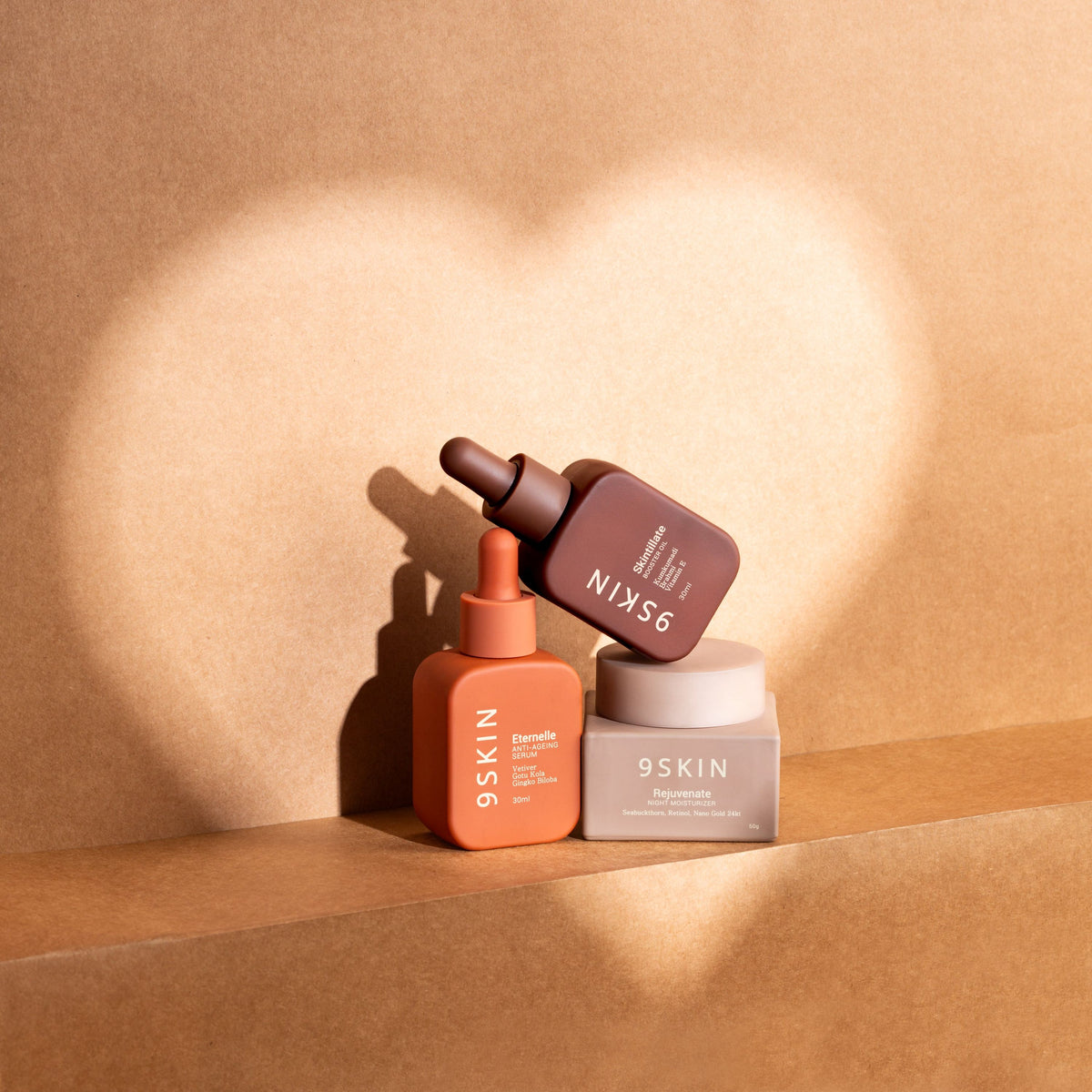9SKIN skincare products on a brown background