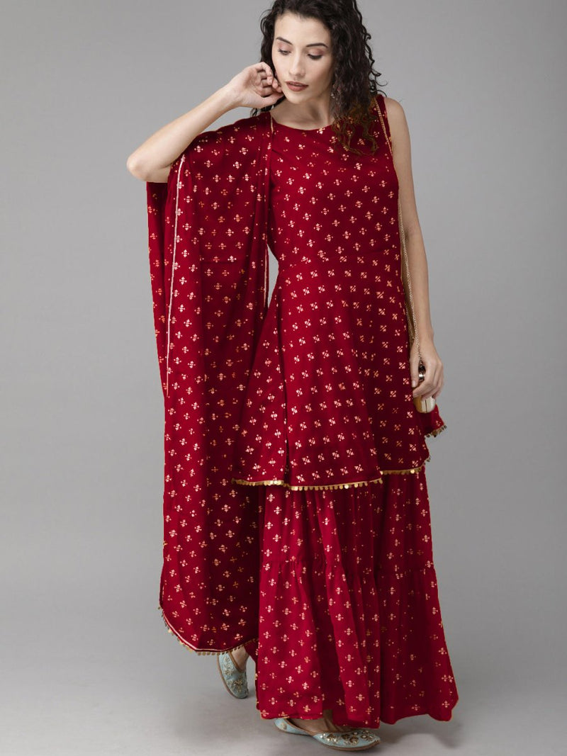 Ahalyaa Women Maroon & Gold-Toned Printed Kurti With Sharara & Dupatta