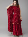 Ahalyaa Women Maroon & Gold-Toned Printed Kurti With Sharara & Dupatta