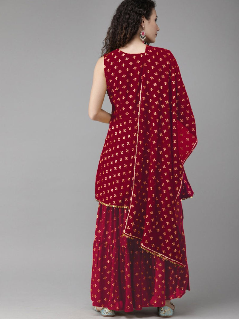 Ahalyaa Women Maroon & Gold-Toned Printed Kurti With Sharara & Dupatta
