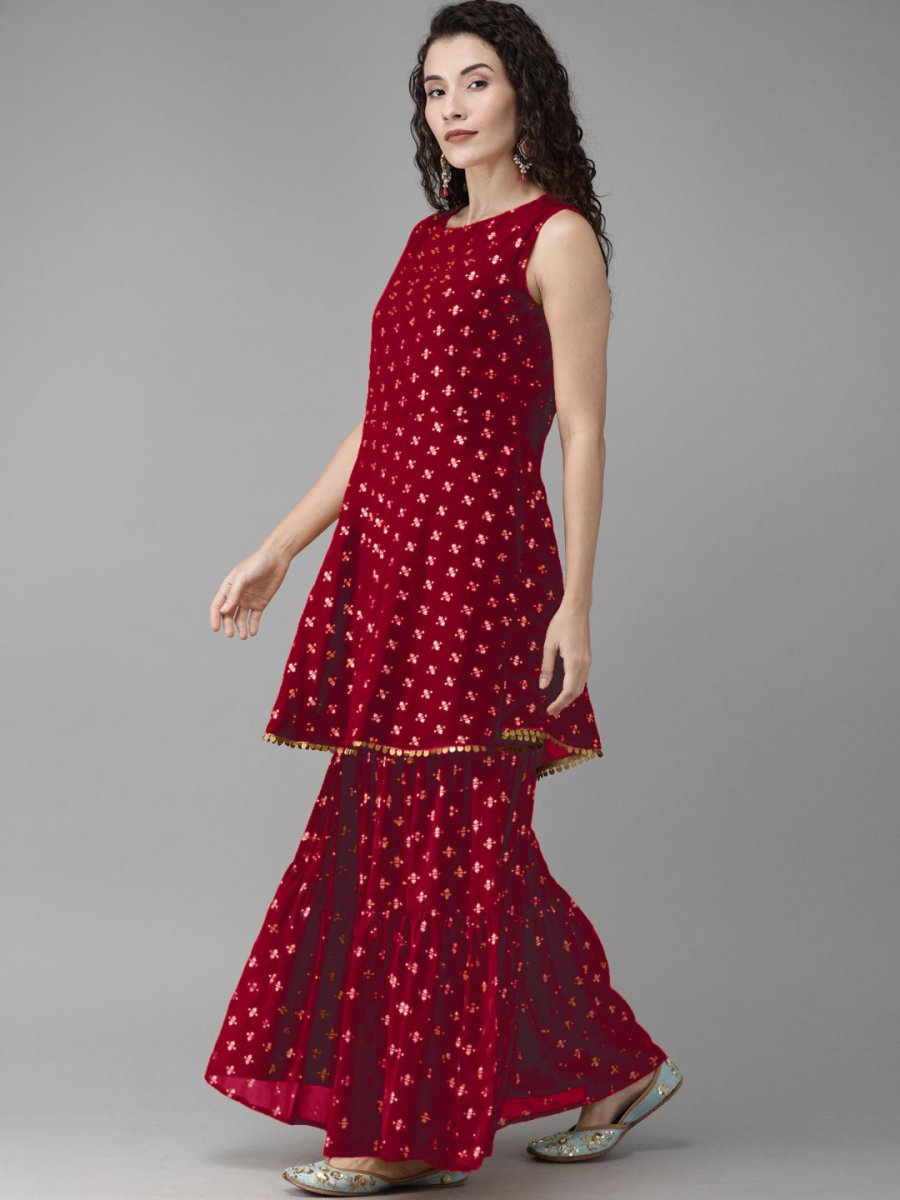 Ahalyaa Women Maroon & Gold-Toned Printed Kurti With Sharara & Dupatta
