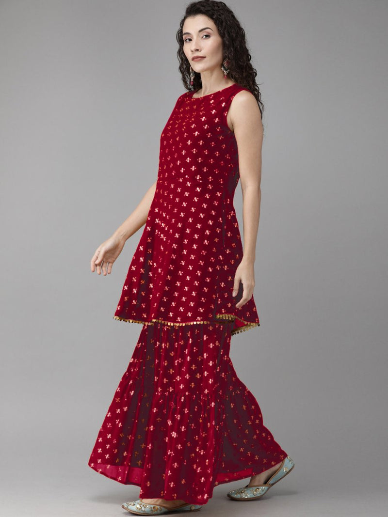 Ahalyaa Women Maroon & Gold-Toned Printed Kurti With Sharara & Dupatta